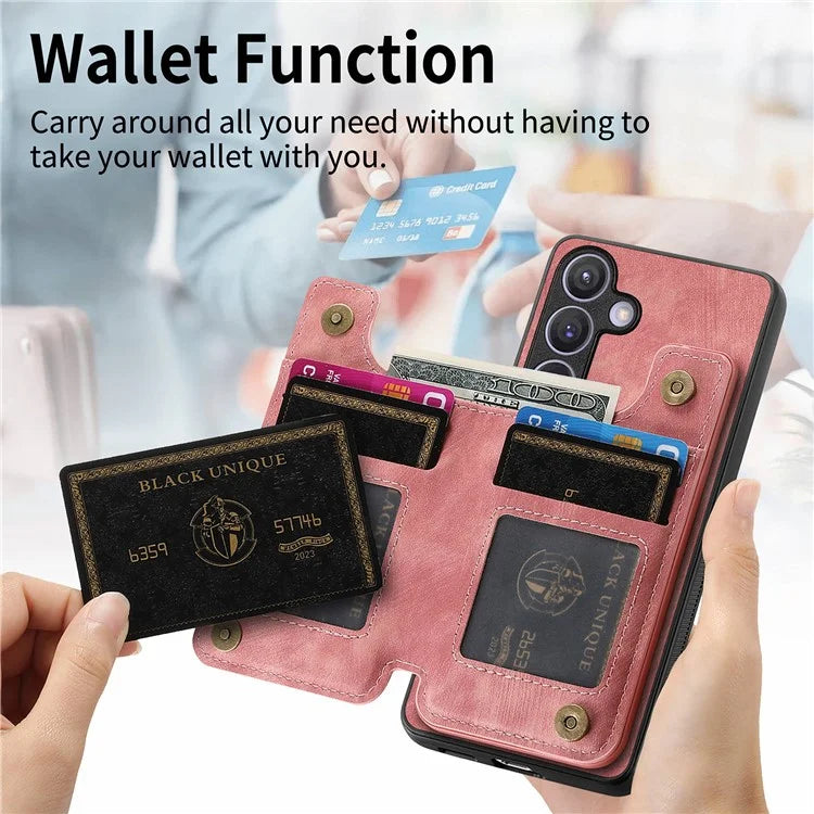 D15 For Samsung Galaxy S24 Wallet Case Retro PU+TPU Anti-scratch Kickstand Phone Shell