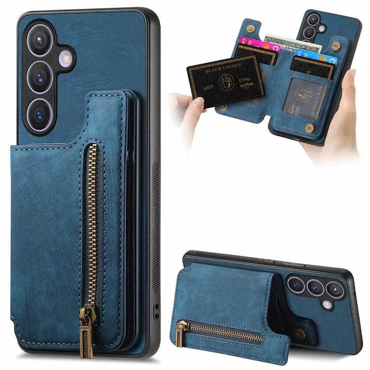D15 For Samsung Galaxy S24 Wallet Case Retro PU+TPU Anti-scratch Kickstand Phone Shell