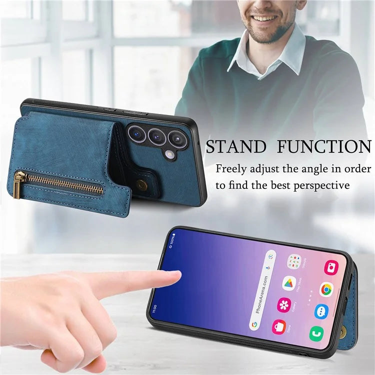 D15 For Samsung Galaxy S24 Wallet Case Retro PU+TPU Anti-scratch Kickstand Phone Shell