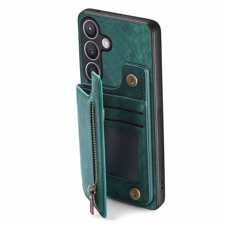 D15 For Samsung Galaxy S24 Wallet Case Retro PU+TPU Anti-scratch Kickstand Phone Shell