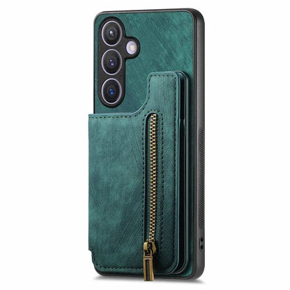 D15 For Samsung Galaxy S24 Wallet Case Retro PU+TPU Anti-scratch Kickstand Phone Shell