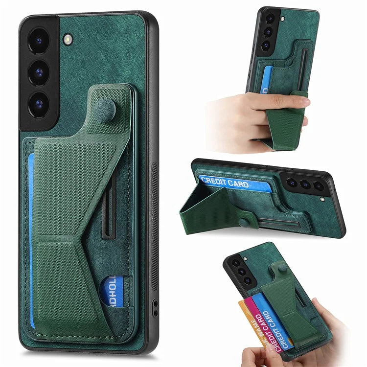 D13 For Samsung Galaxy S22+ 5G Card Slot Case Retro PU+TPU Phone Shell with Kickstand