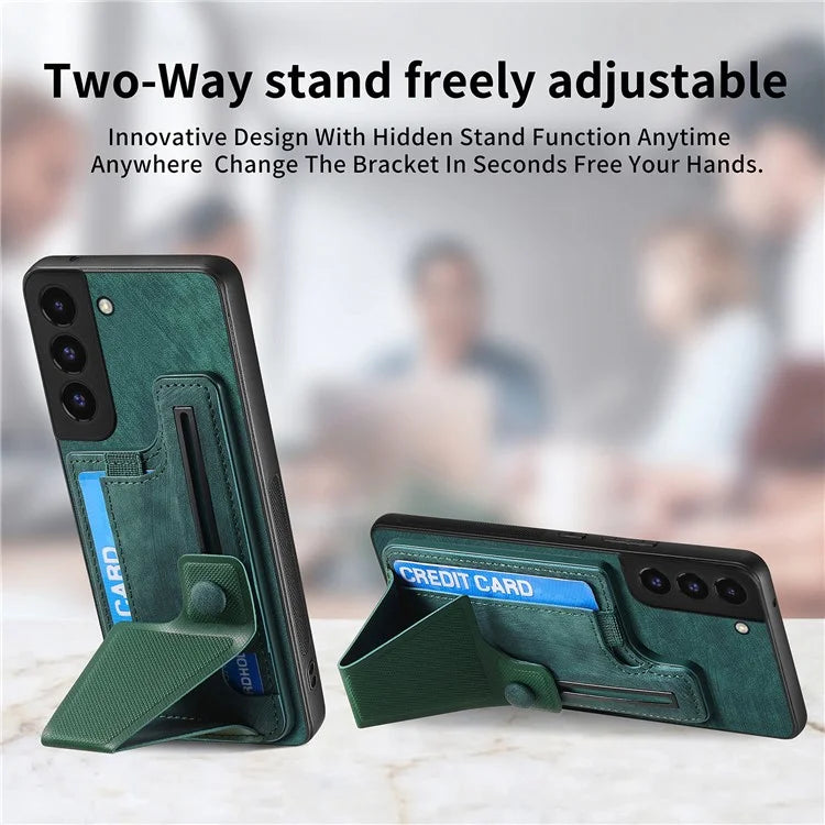 D13 For Samsung Galaxy S22+ 5G Card Slot Case Retro PU+TPU Phone Shell with Kickstand