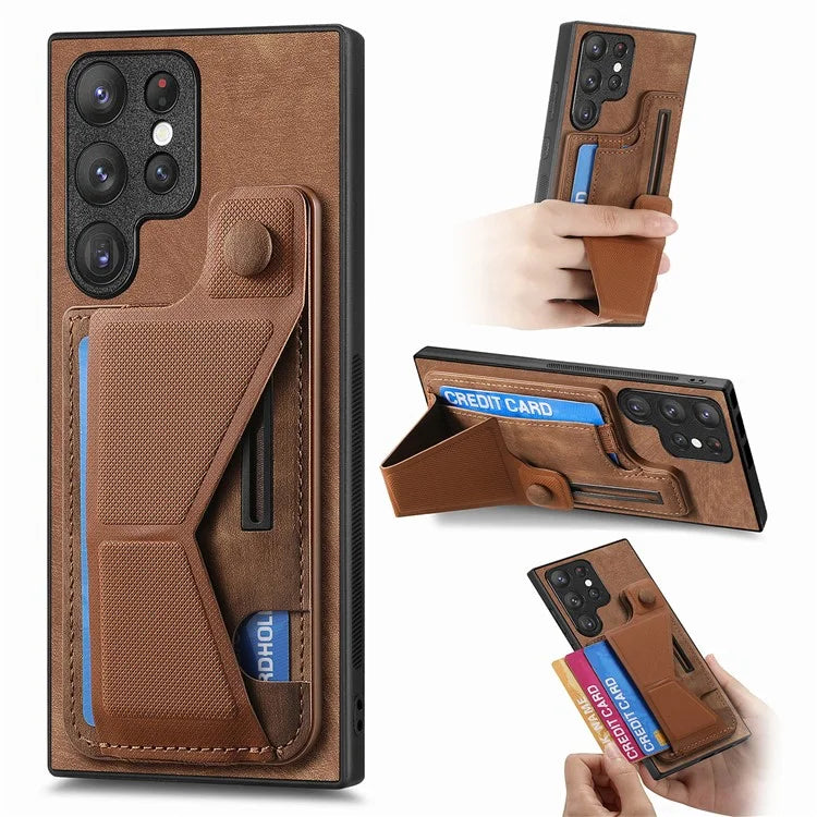 D13 For Samsung Galaxy S23 Ultra Kickstand Case Retro PU+TPU Card Slot Phone Shell