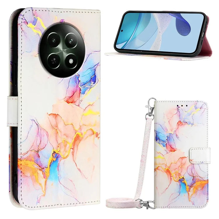 YB Pattern Printing Leather Series-6 For Realme 12 5G Magnetic Phone Case Wallet Cover with Shoulder Strap