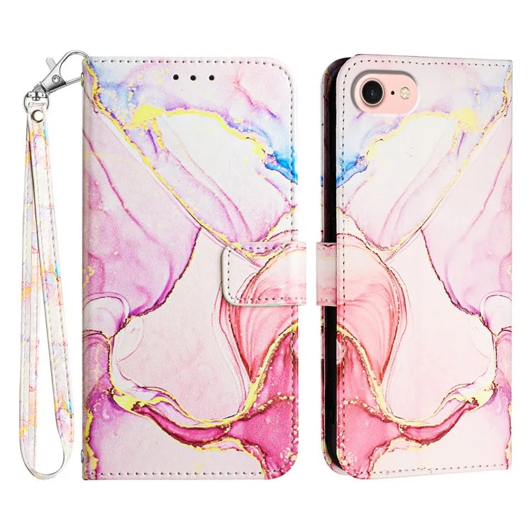 YB Pattern Printing Leather Series-5 For iPhone SE (2024) Wallet Case Leather Phone Cover with Strap