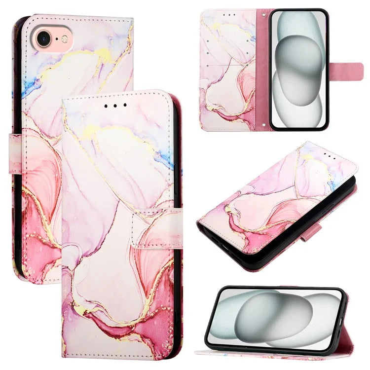 YB Pattern Printing Leather Series-5 For iPhone SE (2024) Wallet Case Leather Phone Cover with Strap