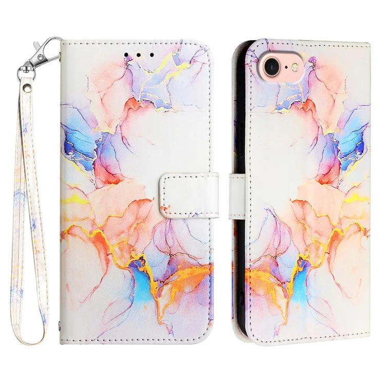 YB Pattern Printing Leather Series-5 For iPhone SE (2024) Wallet Case Leather Phone Cover with Strap