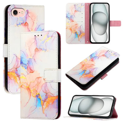 YB Pattern Printing Leather Series-5 For iPhone SE (2024) Wallet Case Leather Phone Cover with Strap