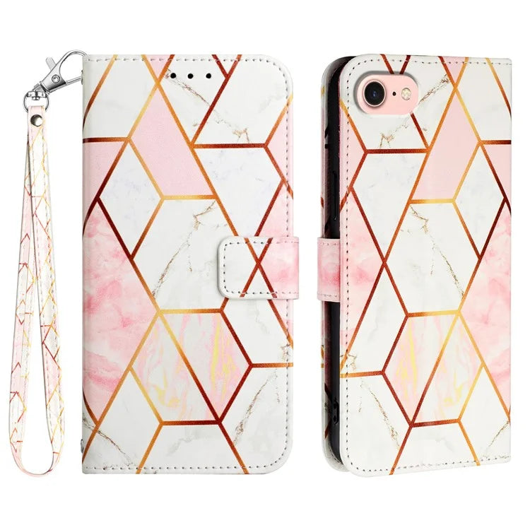 YB Pattern Printing Leather Series-5 For iPhone SE (2024) Wallet Case Leather Phone Cover with Strap