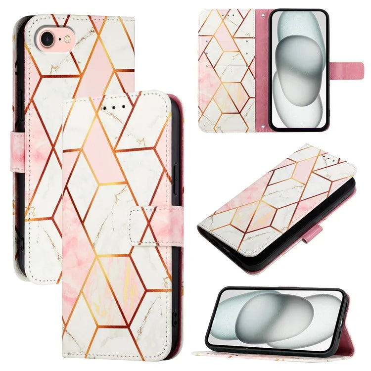 YB Pattern Printing Leather Series-5 For iPhone SE (2024) Wallet Case Leather Phone Cover with Strap