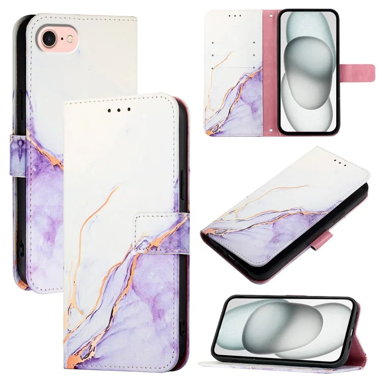 YB Pattern Printing Leather Series-5 For iPhone SE (2024) Wallet Case Leather Phone Cover with Strap