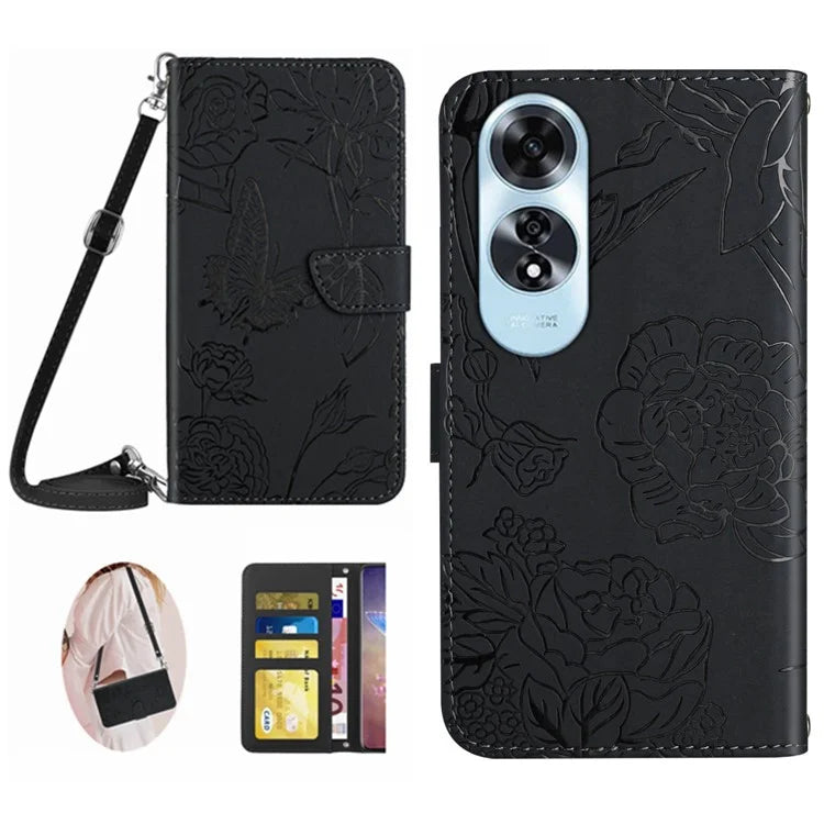 HT03 For Oppo A60 4G Leather Case Butterfly Flowers Crossbody Wallet Phone Cover