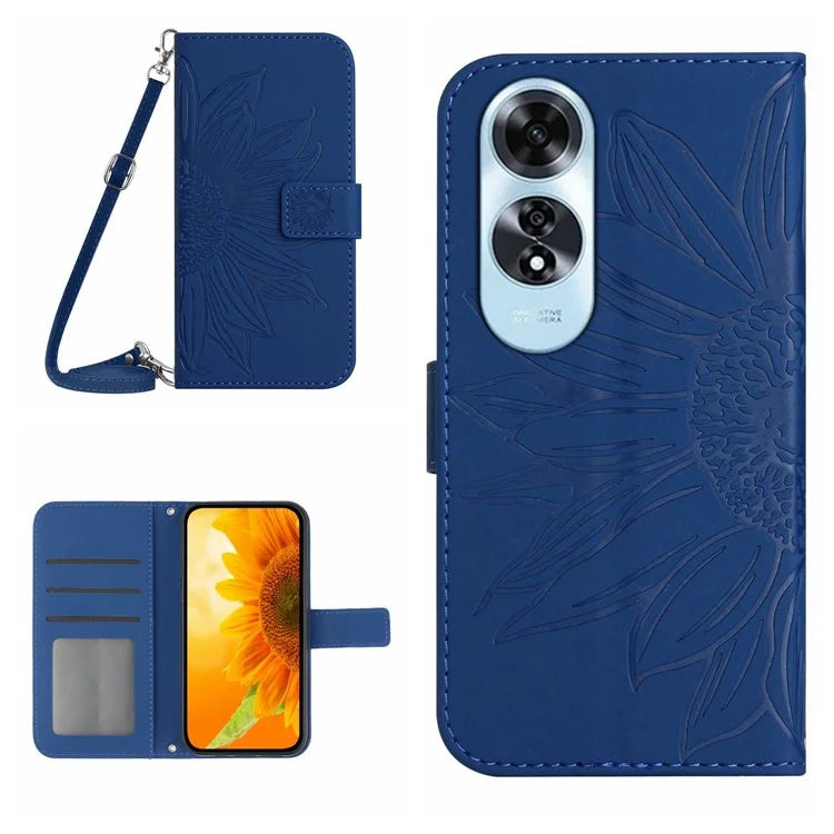 HT04 For Oppo A60 4G Crossbody Strap Case PU Leather Sunflowers Pattern Phone Cover