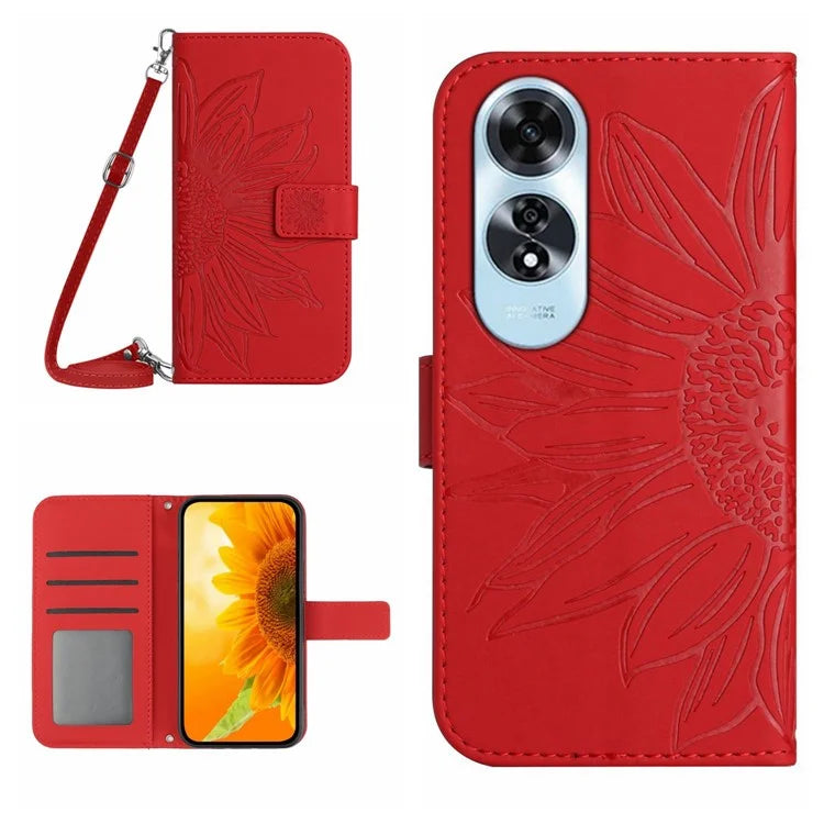 HT04 For Oppo A60 4G Crossbody Strap Case PU Leather Sunflowers Pattern Phone Cover