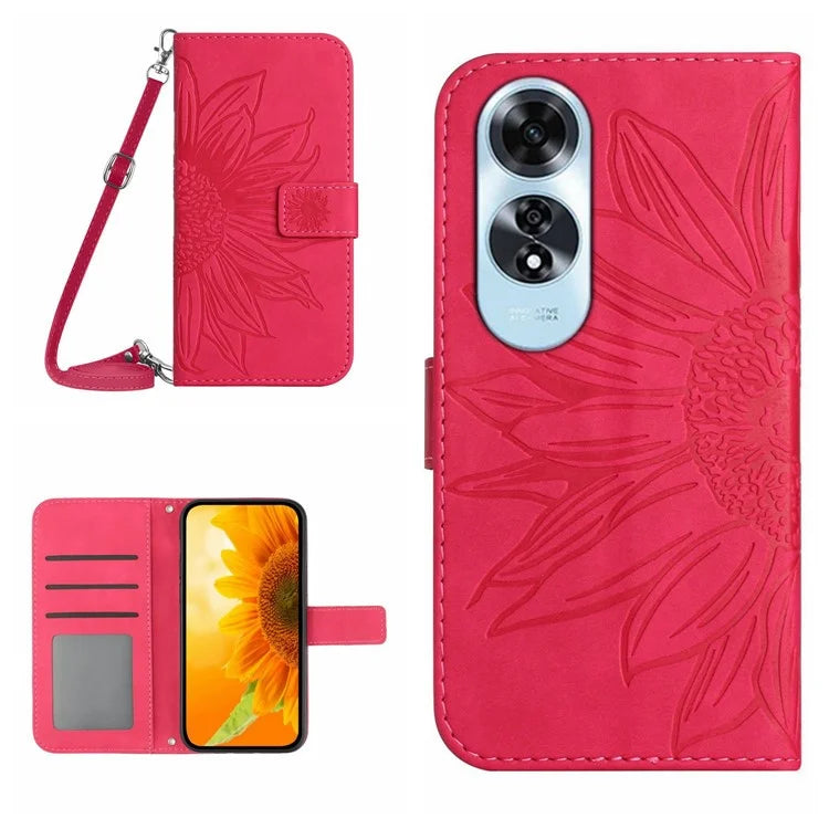 HT04 For Oppo A60 4G Crossbody Strap Case PU Leather Sunflowers Pattern Phone Cover