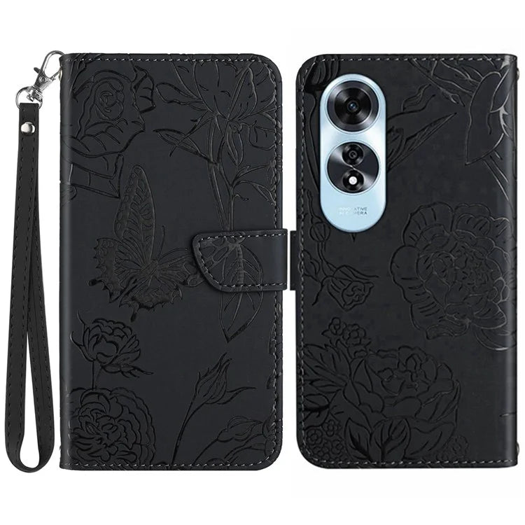 HT03 For Oppo A60 4G Case Butterfly Flower Leather Flip Phone Case with Hand Strap