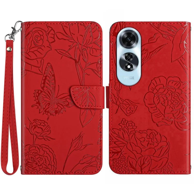 HT03 For Oppo A60 4G Case Butterfly Flower Leather Flip Phone Case with Hand Strap