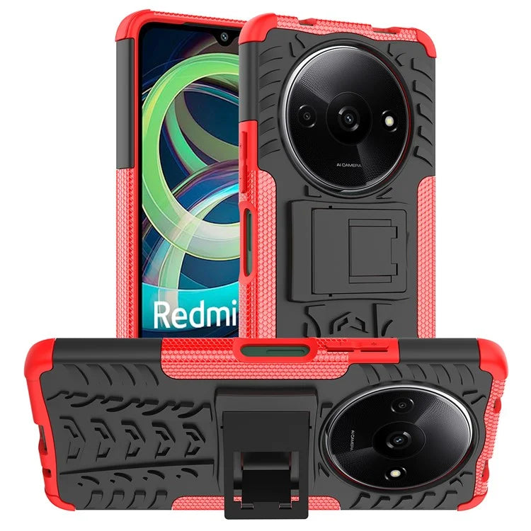For Xiaomi Redmi A3 / Poco C61 4G Kickstand Case PC+TPU Tyre Pattern Slim Phone Cover