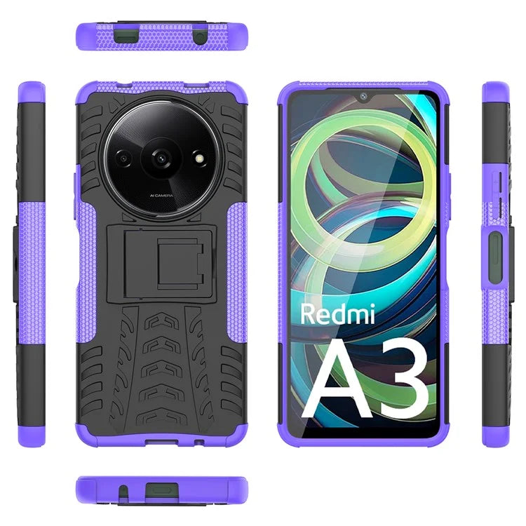 For Xiaomi Redmi A3 / Poco C61 4G Kickstand Case PC+TPU Tyre Pattern Slim Phone Cover