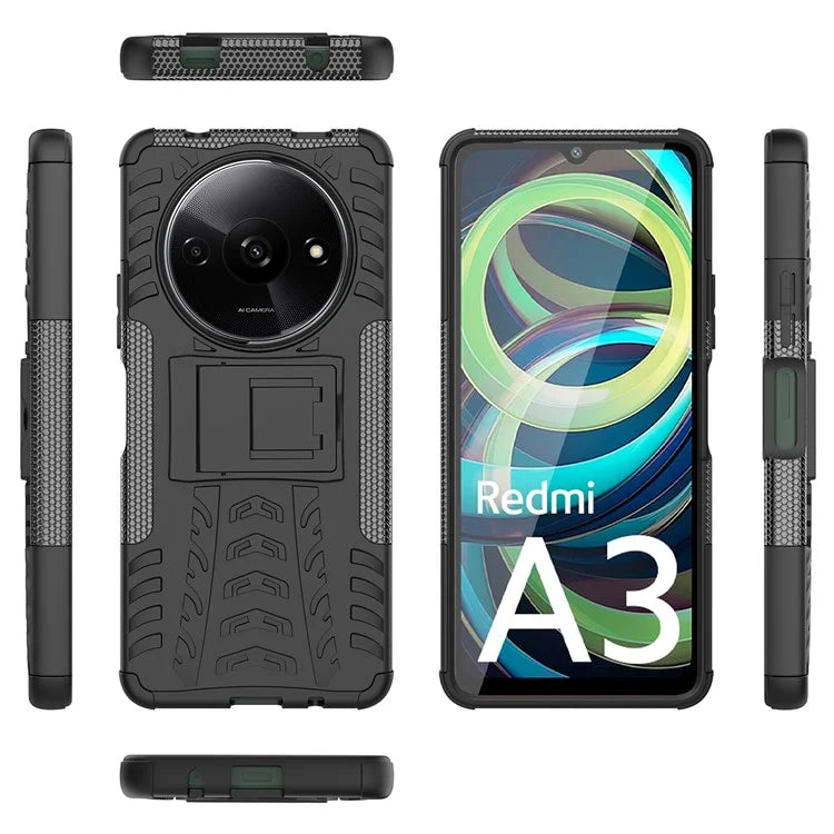 For Xiaomi Redmi A3 / Poco C61 4G Kickstand Case PC+TPU Tyre Pattern Slim Phone Cover