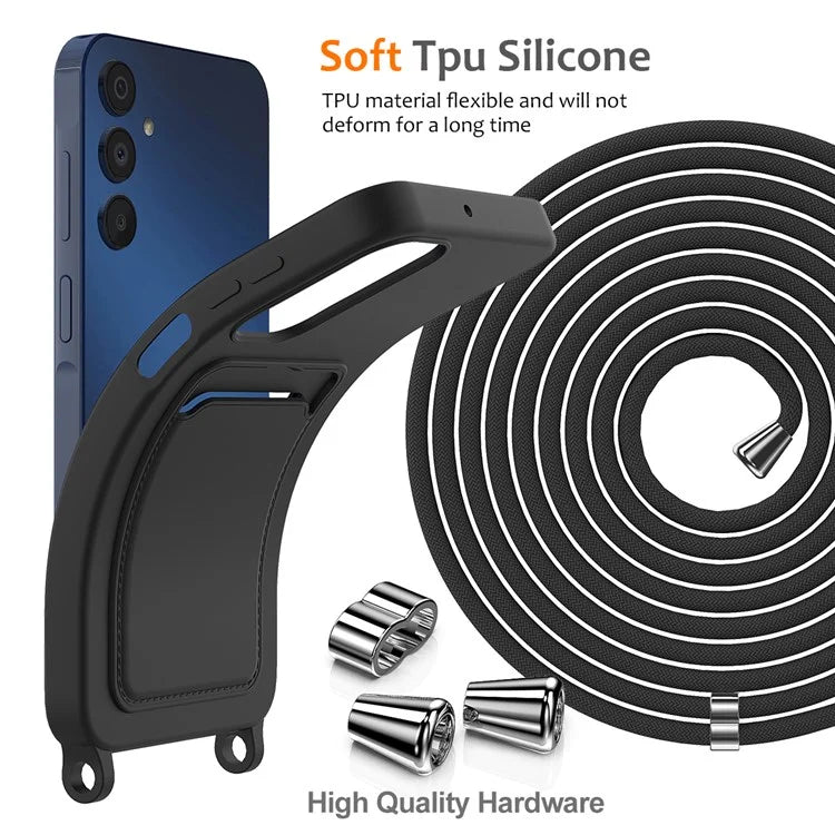 For Samsung Galaxy A15 4G / A15 5G Case Liquid Silicone Shockproof Phone Cover with Lanyard and Card Slot