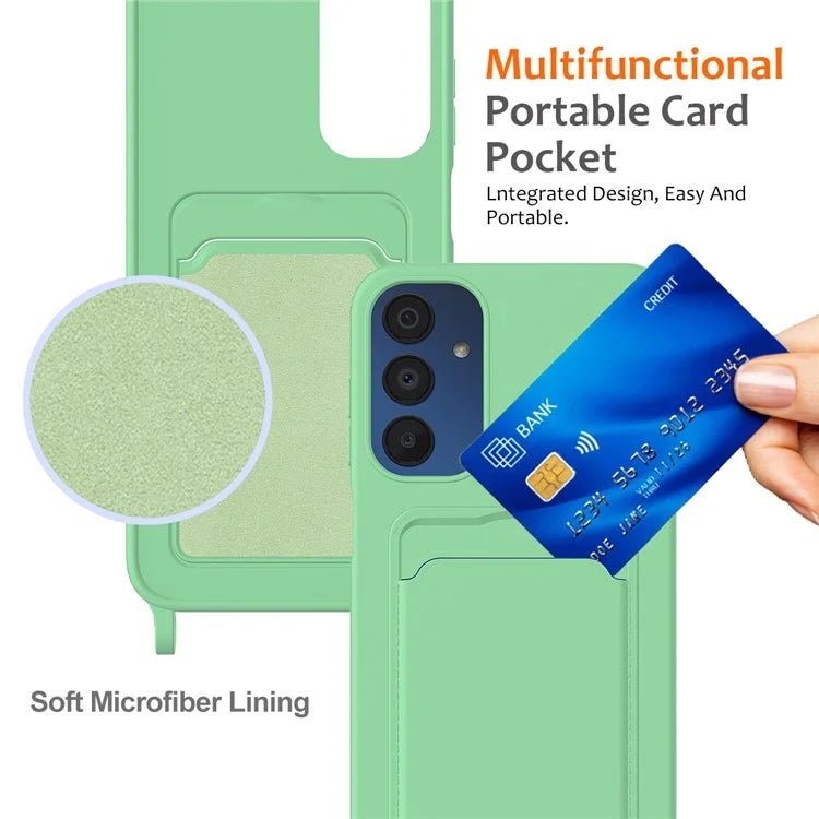 For Samsung Galaxy A15 4G / A15 5G Case Liquid Silicone Shockproof Phone Cover with Lanyard and Card Slot