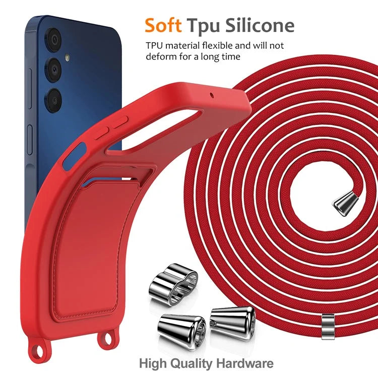 For Samsung Galaxy A15 4G / A15 5G Case Liquid Silicone Shockproof Phone Cover with Lanyard and Card Slot