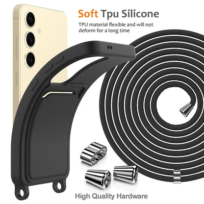 For Samsung Galaxy A55 5G Case Liquid Silicone Card Holder Back Phone Cover with Adjustable Lanyard