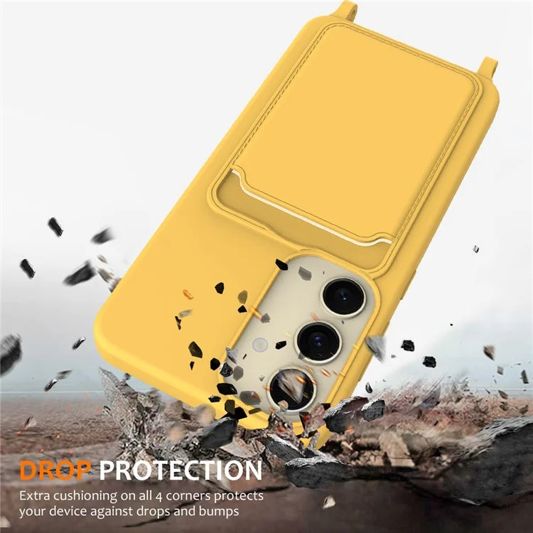 For Samsung Galaxy A55 5G Case Liquid Silicone Card Holder Back Phone Cover with Adjustable Lanyard