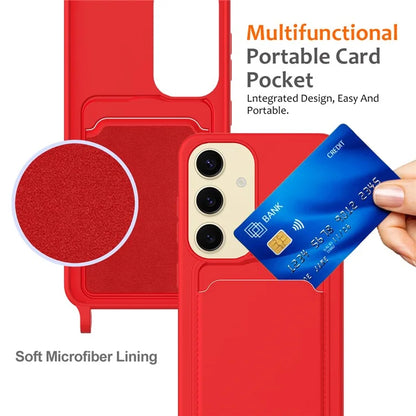 For Samsung Galaxy A55 5G Case Liquid Silicone Card Holder Back Phone Cover with Adjustable Lanyard