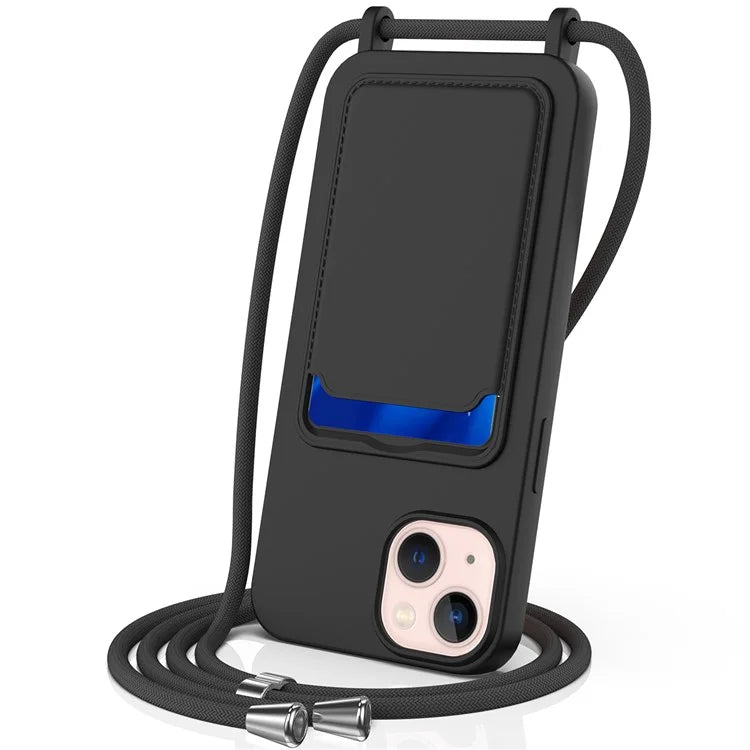 Case for iPhone 15 Plus Shell Liquid Silicone Card Holder Phone Cover with Long Lanyard