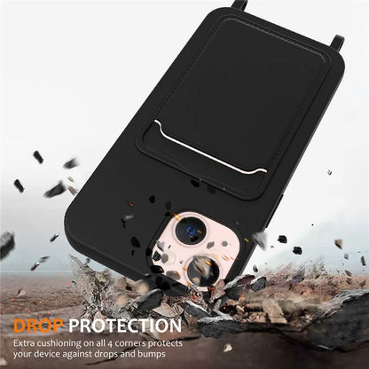 Case for iPhone 15 Plus Shell Liquid Silicone Card Holder Phone Cover with Long Lanyard