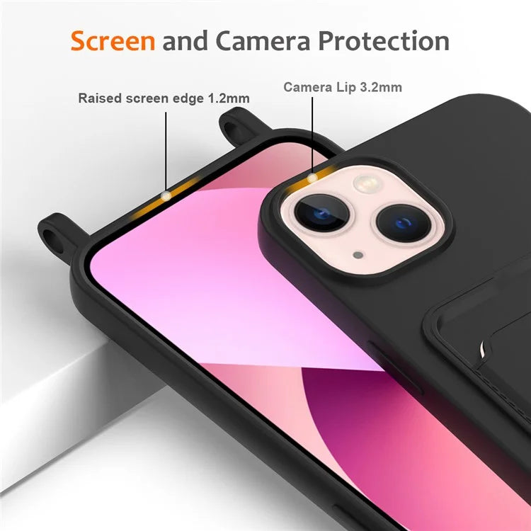 Case for iPhone 15 Plus Shell Liquid Silicone Card Holder Phone Cover with Long Lanyard