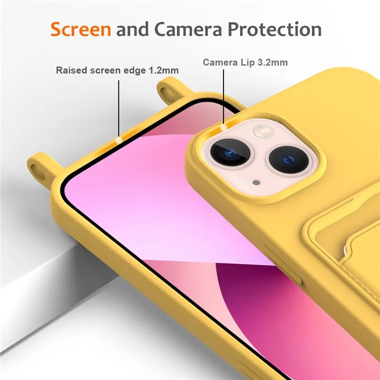 Case for iPhone 15 Plus Shell Liquid Silicone Card Holder Phone Cover with Long Lanyard
