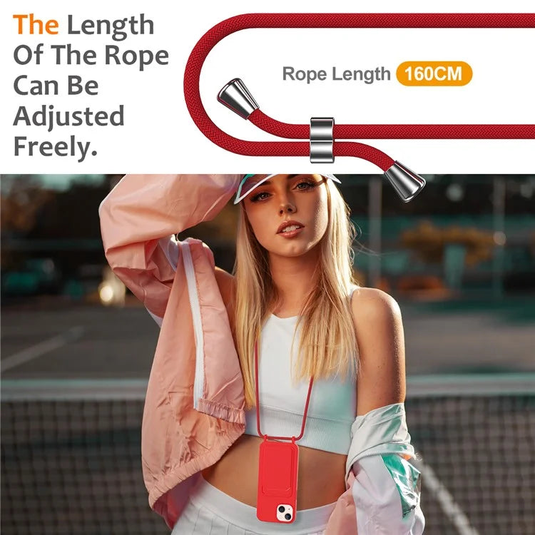Case for iPhone 15 Plus Shell Liquid Silicone Card Holder Phone Cover with Long Lanyard