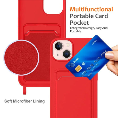 Case for iPhone 15 Plus Shell Liquid Silicone Card Holder Phone Cover with Long Lanyard