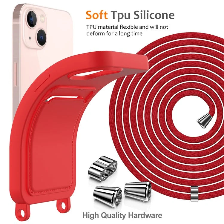 Case for iPhone 15 Plus Shell Liquid Silicone Card Holder Phone Cover with Long Lanyard