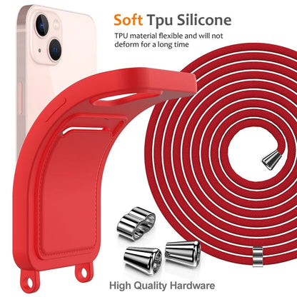 Case for iPhone 15 Plus Shell Liquid Silicone Card Holder Phone Cover with Long Lanyard
