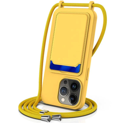 For iPhone 15 Pro Card Slot Case Liquid Silicone Phone Cover with Long Strap
