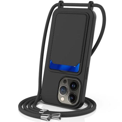 For iPhone 15 Pro Card Slot Case Liquid Silicone Phone Cover with Long Strap