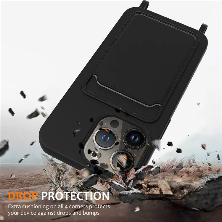 For iPhone 15 Pro Card Slot Case Liquid Silicone Phone Cover with Long Strap