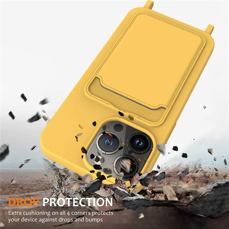 For iPhone 13 Pro Max Liquid Silicone Case Card Holder Phone Cover with Shoulder Strap