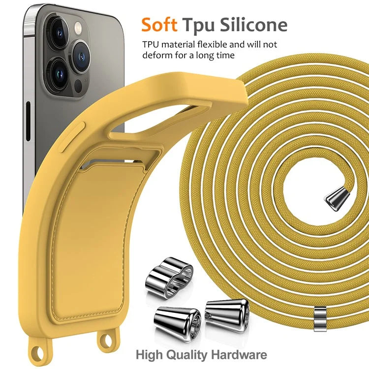 For iPhone 13 Pro Max Liquid Silicone Case Card Holder Phone Cover with Shoulder Strap