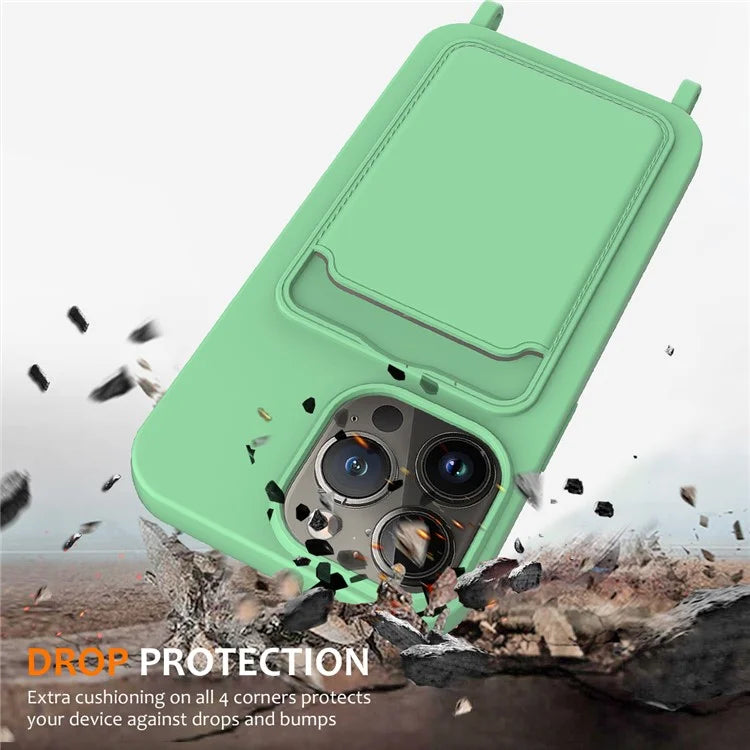 For iPhone 13 Pro Max Liquid Silicone Case Card Holder Phone Cover with Shoulder Strap