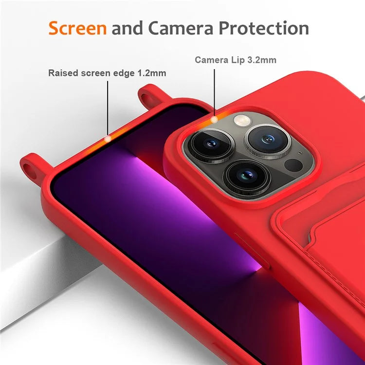 For iPhone 13 Pro Max Liquid Silicone Case Card Holder Phone Cover with Shoulder Strap