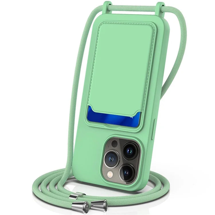 For iPhone 14 Pro Max Case Card Slot Liquid Silicone Phone Shell with Lanyard