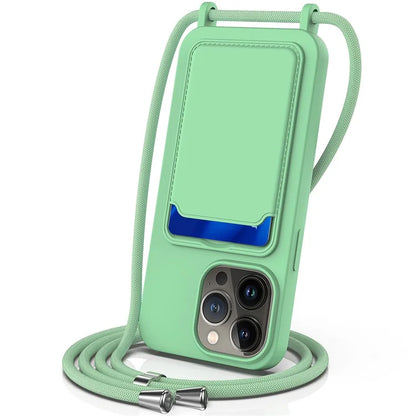 For iPhone 14 Pro Max Case Card Slot Liquid Silicone Phone Shell with Lanyard