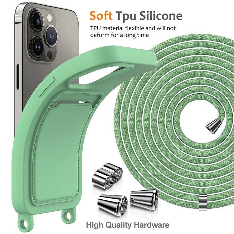 For iPhone 14 Pro Max Case Card Slot Liquid Silicone Phone Shell with Lanyard