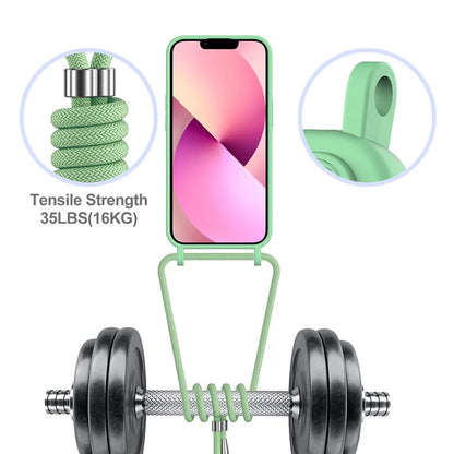 For iPhone 13 Case Liquid Silicone Back Card Holder Phone Cover with Neck Strap